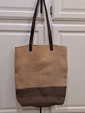 Karma Two-Tone Brown Woven Jute Tote W/leather Shoulder Straps